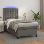 Pat cu arcuri, cu saltea și LED, gri, 90x200 cm, piele eco GartenMobel Dekor