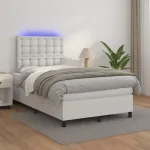 Pat cu arcuri, saltea și LED, alb, 120x200 cm, piele ecologică GartenMobel Dekor