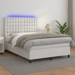 Pat cu arcuri, saltea și LED, alb, 140x200 cm, piele eco GartenMobel Dekor