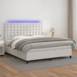 Pat cu arcuri, saltea și LED, alb, 180x200 cm, piele ecologică GartenMobel Dekor