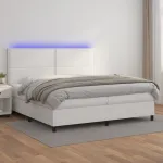 Pat cu arcuri, saltea și LED, alb, 200x200 cm, piele ecologică GartenMobel Dekor