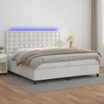 Pat cu arcuri, saltea și LED, alb, 200x200 cm, piele ecologică GartenMobel Dekor