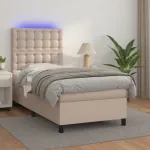 Pat cu arcuri, saltea și LED, cappuccino, 90x190 cm, piele eco GartenMobel Dekor