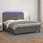 Pat cu arcuri, saltea și LED, gri, 180x200 cm, piele ecologică GartenMobel Dekor