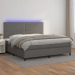 Pat cu arcuri, saltea și LED, gri, 200x200 cm, piele ecologică GartenMobel Dekor