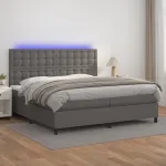 Pat cu arcuri, saltea și LED, gri, 200x200 cm, piele ecologică GartenMobel Dekor