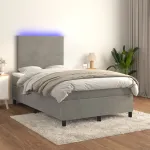 Pat cu arcuri, saltea și LED, gri deschis, 120x200 cm, catifea GartenMobel Dekor