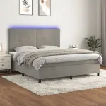 Pat cu arcuri, saltea și LED, gri deschis, 160x200 cm, catifea GartenMobel Dekor