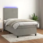 Pat cu arcuri, saltea și LED, gri deschis, 90x190 cm, catifea GartenMobel Dekor