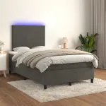 Pat cu arcuri, saltea și LED, gri închis, 120x200 cm, catifea GartenMobel Dekor