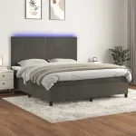 Pat cu arcuri, saltea și LED, gri închis, 160x200 cm, catifea GartenMobel Dekor