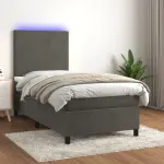 Pat cu arcuri, saltea și LED, gri închis, 90x190 cm, catifea GartenMobel Dekor