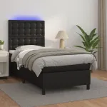 Pat cu arcuri, saltea și LED, negru, 100x200cm, piele ecologică GartenMobel Dekor