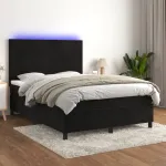 Pat cu arcuri, saltea și LED, negru, 140x200 cm, catifea GartenMobel Dekor