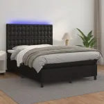 Pat cu arcuri, saltea și LED, negru, 140x200 cm, piele eco GartenMobel Dekor
