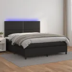 Pat cu arcuri, saltea și LED, negru, 180x200cm, piele ecologică GartenMobel Dekor