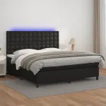 Pat cu arcuri, saltea și LED, negru, 180x200cm, piele ecologică GartenMobel Dekor