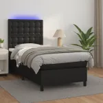 Pat cu arcuri, saltea și LED, negru, 90x190 cm, piele ecologică GartenMobel Dekor