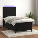 Pat cu arcuri, saltea și LED, negru, 90x200 cm, catifea GartenMobel Dekor