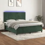 Pat cu arcuri, saltea și LED, verde închis, 160x200 cm, catifea GartenMobel Dekor