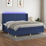 Pat cu arcuri, saltea și LED, albastru, 200x200 cm, textil GartenMobel Dekor