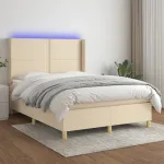 Pat cu arcuri, saltea și LED, crem, 140x200 cm, textil GartenMobel Dekor