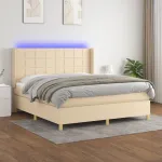 Pat cu arcuri, saltea și LED, crem, 180x200 cm, textil GartenMobel Dekor