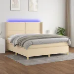 Pat cu arcuri, saltea și LED, crem, 180x200 cm, textil GartenMobel Dekor
