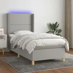 Pat cu arcuri, saltea și LED, gri deschis, 90x200 cm, textil GartenMobel Dekor