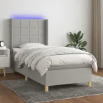 Pat cu arcuri, saltea și LED, gri deschis, 90x200 cm, textil GartenMobel Dekor