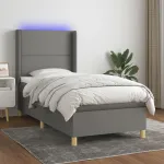 Pat cu arcuri, saltea și LED, gri închis, 100x200 cm, textil GartenMobel Dekor