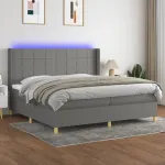 Pat cu arcuri, saltea și LED, gri închis, 200x200 cm, textil GartenMobel Dekor