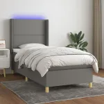 Pat cu arcuri, saltea și LED, gri închis, 90x200 cm, textil GartenMobel Dekor