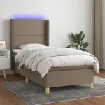 Pat cu arcuri, saltea și LED, maro închis, 90x200 cm, textil GartenMobel Dekor