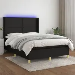 Pat cu arcuri, saltea și LED, negru, 140x200 cm, textil GartenMobel Dekor