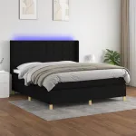 Pat cu arcuri, saltea și LED, negru, 180x200 cm, textil GartenMobel Dekor