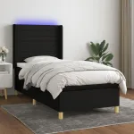 Pat cu arcuri, saltea și LED, negru, 80x200 cm, textil GartenMobel Dekor