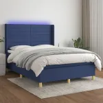 Pat cu arcuri, saltea și LED, albastru, 140x200 cm, textil GartenMobel Dekor