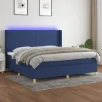 Pat cu arcuri, saltea și LED, albastru, 200x200 cm, textil GartenMobel Dekor