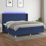 Pat cu arcuri, saltea și LED, albastru, 200x200 cm, textil GartenMobel Dekor