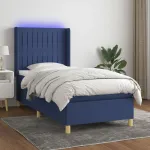 Pat cu arcuri, saltea și LED, albastru, 90x190 cm, textil GartenMobel Dekor