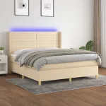 Pat cu arcuri, saltea și LED, crem, 160x200 cm, textil GartenMobel Dekor