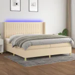 Pat cu arcuri, saltea și LED, crem, 200x200 cm, textil GartenMobel Dekor