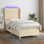 Pat cu arcuri, saltea și LED, crem, 80x200 cm, textil GartenMobel Dekor