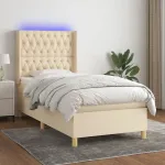 Pat cu arcuri, saltea și LED, crem, 90x190 cm, textil GartenMobel Dekor