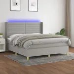 Pat cu arcuri, saltea și LED, gri deschis, 160x200 cm, textil GartenMobel Dekor