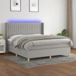 Pat cu arcuri, saltea și LED, gri deschis, 160x200 cm, textil GartenMobel Dekor