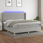 Pat cu arcuri, saltea și LED, gri deschis, 200x200 cm, textil GartenMobel Dekor