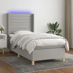 Pat cu arcuri, saltea și LED, gri deschis, 90x190 cm, textil GartenMobel Dekor
