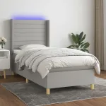 Pat cu arcuri, saltea și LED, gri deschis, 90x200 cm, textil GartenMobel Dekor